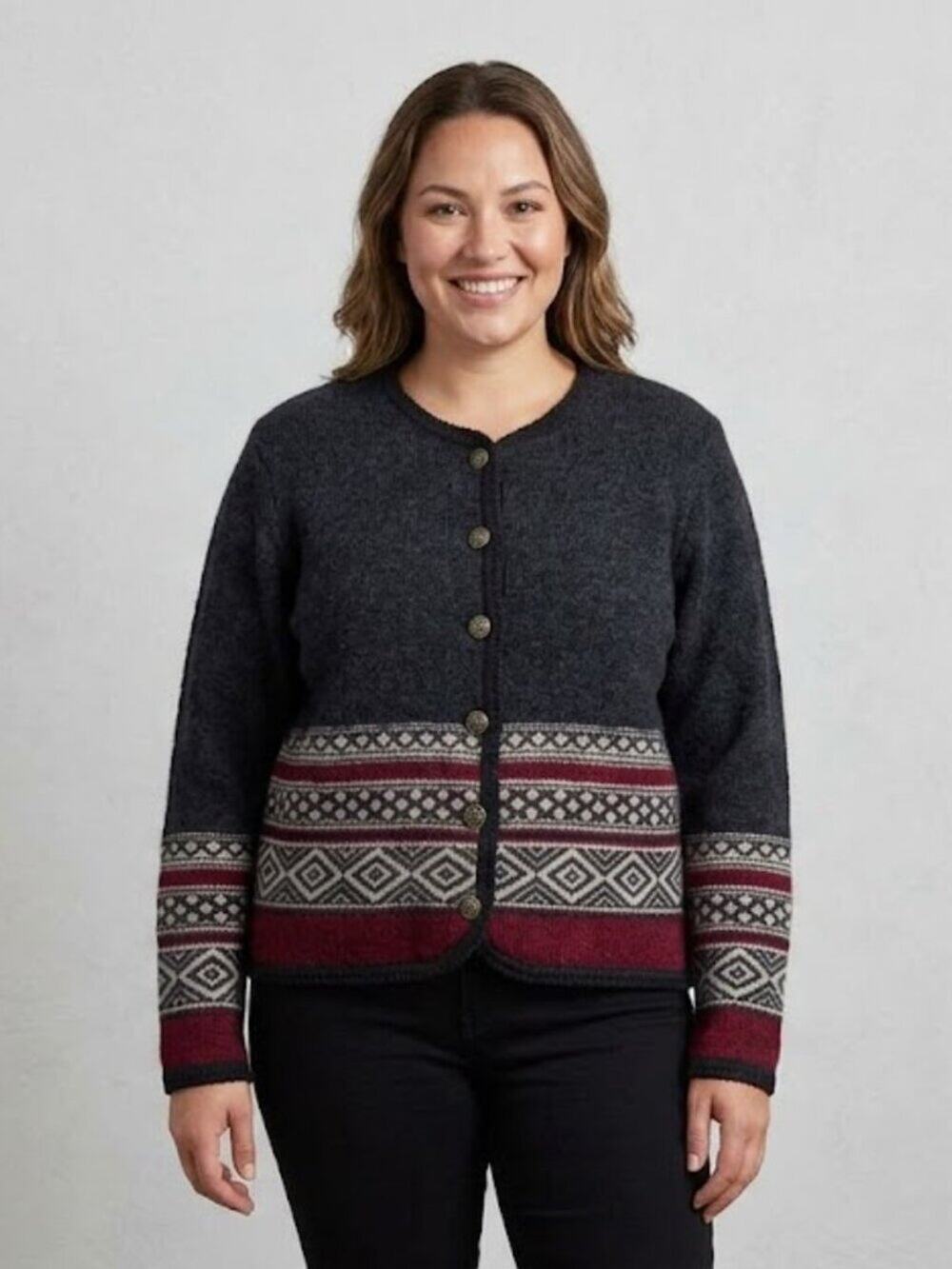 Vntg Tally Ho 100% Wool Fair Isle Cardigan Sweater Dark Gray Burgundy M